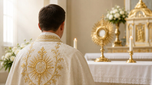 Priest kneeling before the monstrance during Eucharistic adoration in a Catholic church. Religious ritual and clergyman prayer in white vestment. Christian liturgy and worship concept.