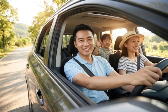 Happy Asian family enjoying a summer road trip, smiling father driving a car with wife and little daughter, looking out the window, travel concept..
