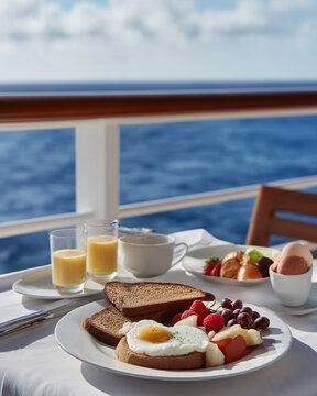 A full breakfast spread with egg toast and orange juice sits on a cruise ship deck above open ocean.