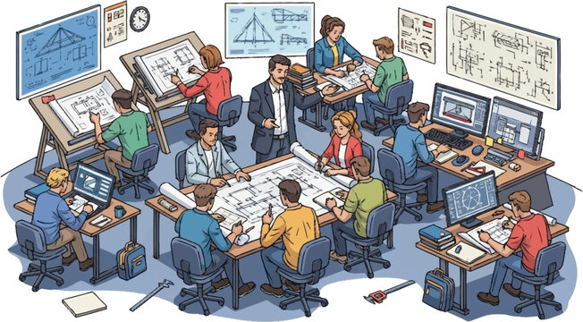 Engineers and architects collaborate on large blueprints in a busy office with computers and boards.
