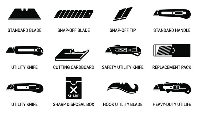 Set of isolated utility knife blade and cutting tool icons for hardware construction works vector.