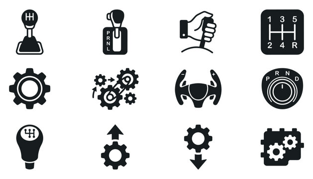 Set of automotive car transmission gear shift knob and manual gearbox controls as black vector.