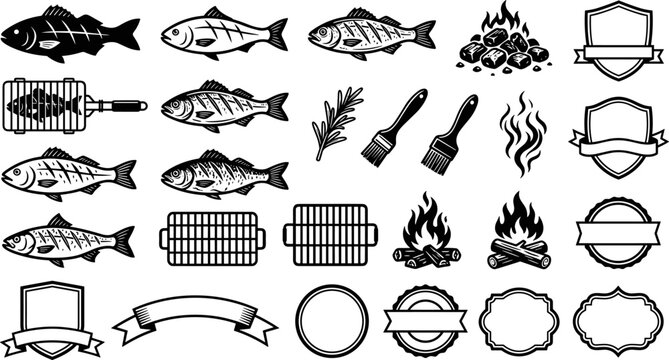 Grilled fish seafood barbecue icon set vector illustration