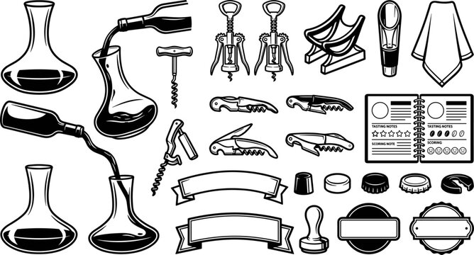 Wine tasting accessories and decanting tools vector icon set