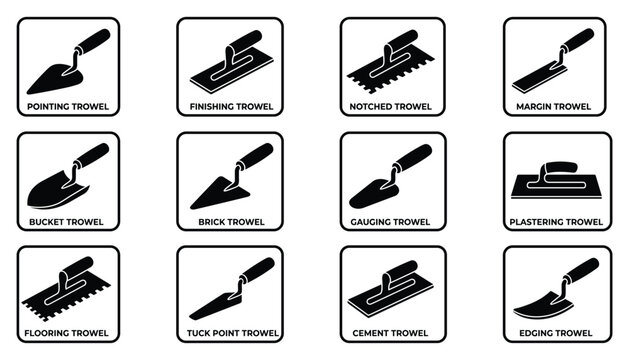 Construction masonry trowel vector illustration set with various plastering and flooring hand tools.