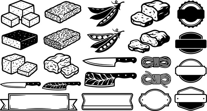 Tofu and tempeh food icon set with badge logo elements
