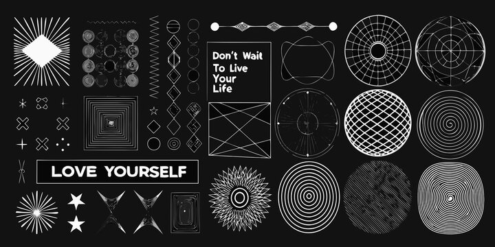 retro geometric patterns on black background y2k