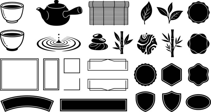 Japanese tea ceremony icon set and decorative label frames