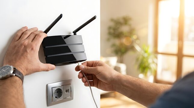 Man connecting ethernet cable to black wifi router mounted on wall near power outlet in modern apartment interior with natural light.