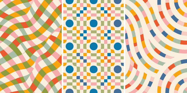 warping checkerboard pattern triptych geometric abstract colorful