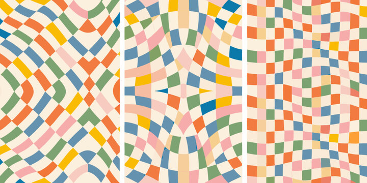 wavy checkerboard pattern triptych geometric abstract design