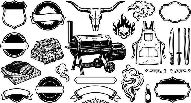 Barbecue grill and meat smokehouse emblem vector design set