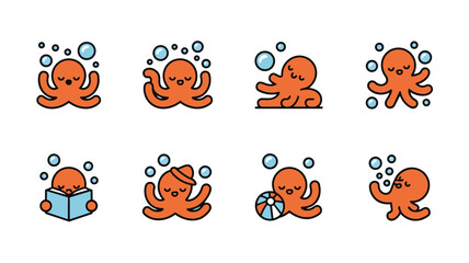 Fototapeta premium Cute cartoon octopus character set with bubbles Vector