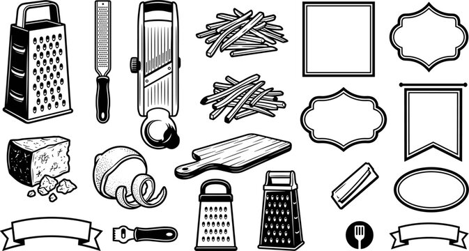 Kitchen utensils and food ingredients monochrome vector illustration set
