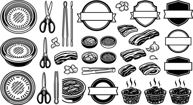 Korean barbecue grill and meat food icon set vector