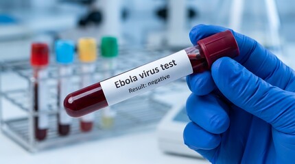 Naklejka premium Medical professional wearing blue gloves holding blood sample for Ebola virus test with negative result, laboratory setting with test tubes in rack.