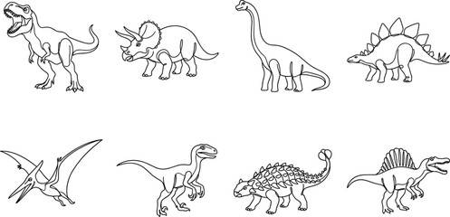 Set of various dinosaur species drawn in a continuous single line style including t-rex, triceratops, brachiosaurus, stegosaurus, pterodactyl, and raptor on white © MD