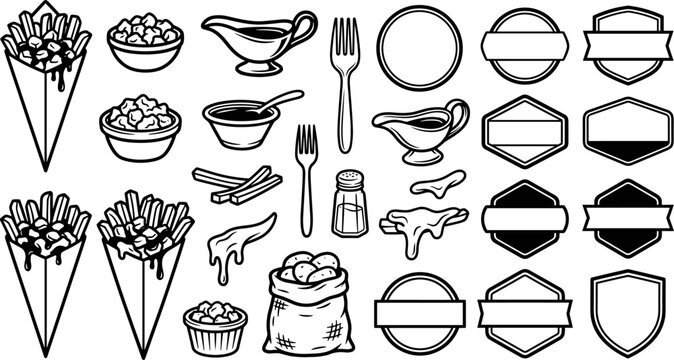 Poutine food and blank badge logo elements vector set