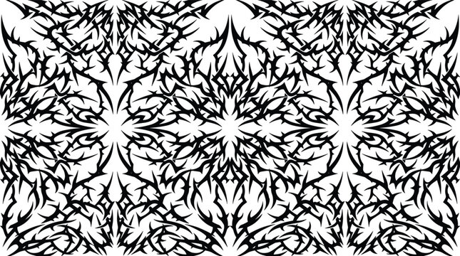 Seamless pattern of sharp tribal thorns and spiky organic shapes in black and white for textile or wallpaper background