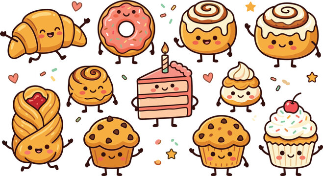 Cute Kawaii Bakery and Dessert Collection Featuring Croissant Donut Cinnamon Roll Cupcake Muffin Cake and Pastry Cartoon Characters