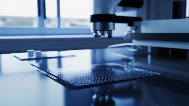 Semiconductor wafer showing microchips and electronic circuits resting on a laboratory surface, highlighting advanced technology, scientific research, and innovation in nanotechnology development