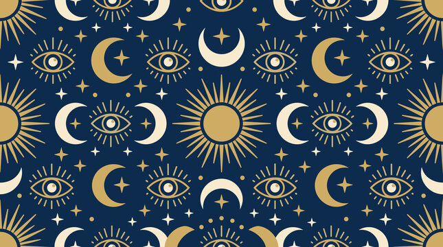 Celestial seamless pattern featuring golden suns, moons, and all seeing eyes on a deep navy blue background, for mystical textile prints