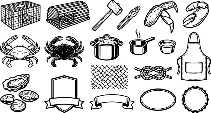 Seafood and crab boil cooking icons vector illustration set