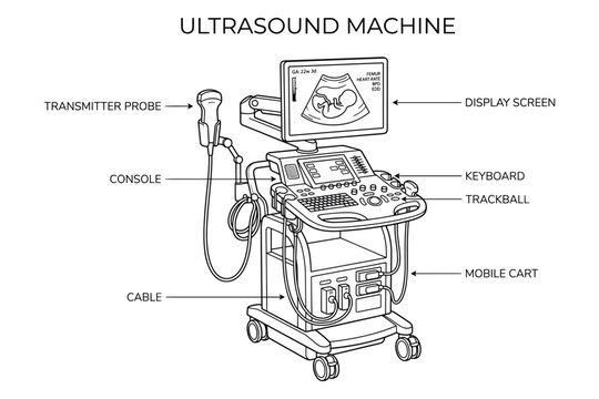 Ultrasound machine line art drawing vector illustration isolated on transparent background.