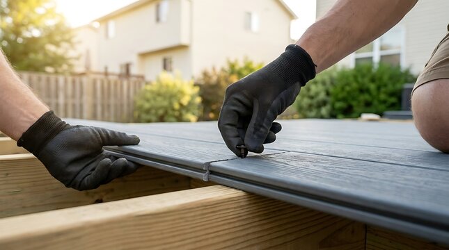 Manual installation of metal hidden fastener clips on grey composite deck boards by professional worker during exterior residential renovation project at home.
