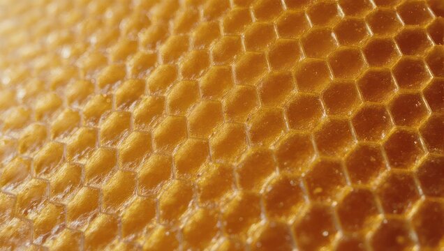 Close-up of a honeybee honeycomb, showcasing intricate hexagonal cells in warm golden tones