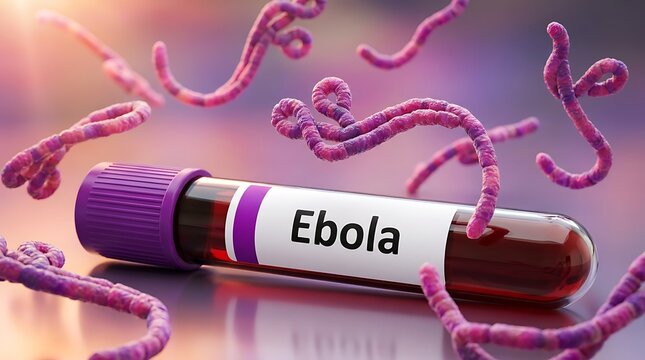 Medical test tube containing blood sample for ebola virus research with swirling infectious virus particles around it symbolizing danger and pandemic.