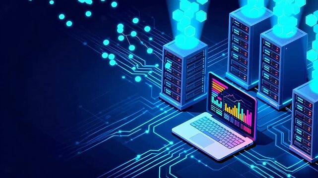 Server towers and laptop on circuit board
