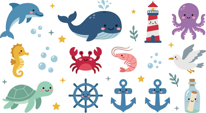 Cute Ocean Animals and Nautical Elements Collection Featuring Dolphin Whale Octopus Turtle Seahorse Crab Lighthouse and Anchor Characters