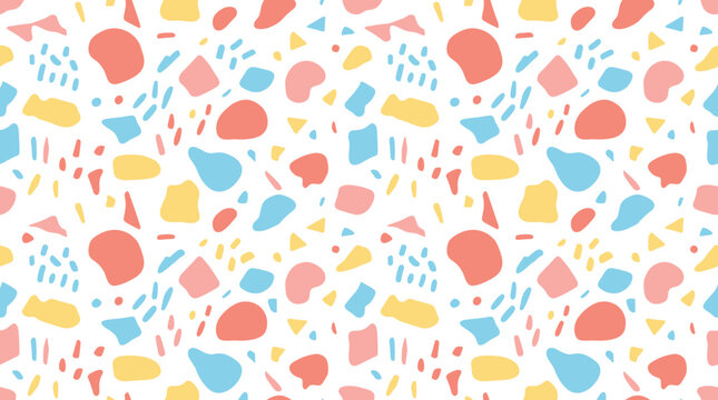 Seamless pattern featuring colorful abstract organic shapes in pastel pink, yellow, and light blue colors on a white background, for textile and wallpaper
