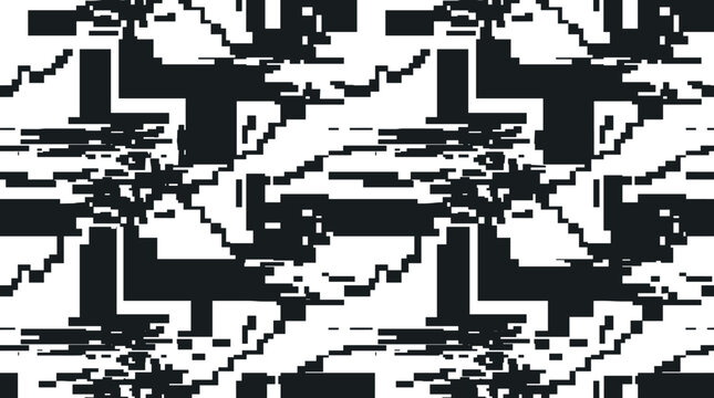 Seamless pattern of glitch digital noise and pixelated geometric shapes in black and white