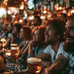 Football fan group watching sports match in pub. Happy man and woman cheering for team in sports bar. Beer mug on table. Social leisure, friendship and championship celebration concept.