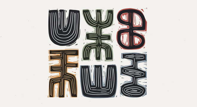 Abstract Geometric Symbols in a Grid - Textured Strokes, Ethnic Art