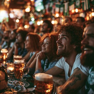 Football fan group watching sports match in pub. Happy man and woman cheering for team in sports bar. Beer mug on table. Social leisure, friendship and championship celebration concept.