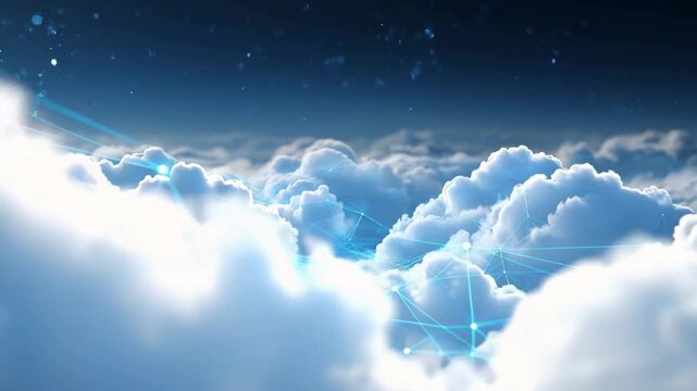 Clouds with digital patterns move slowly in the night sky over a landscape full of light and technology in a modern view