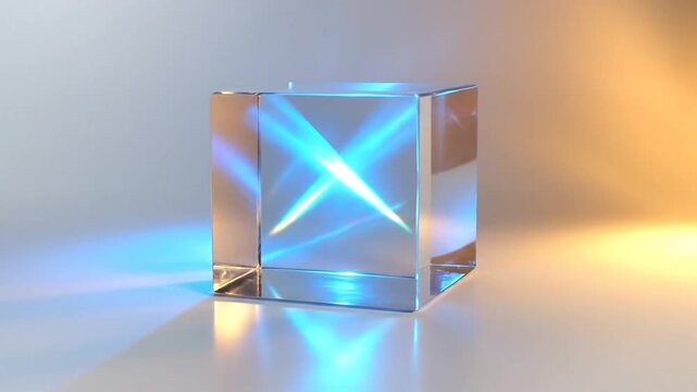 A transparent glass cube with shadows on a white surface background