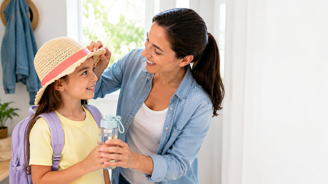 Mother putting sun hat on her daughter before family outing