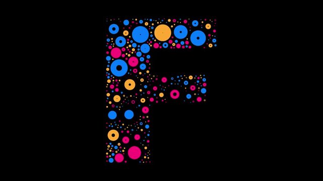 Letter F colorful dots blue yellow and red bubbling on black background letter animation
