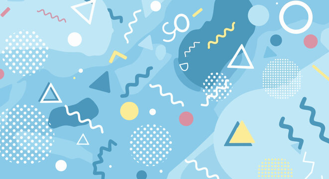 Abstract Geometric Shapes Background, Blue, Memphis Style, Retro Pattern