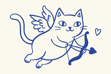 Fototapeta premium Cute Blue Angel Cat Holding Bow and Arrow Hand Drawn Valentine Doodle