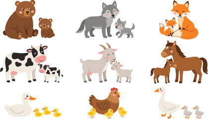 Cute Farm Animal Families Collection Featuring Bear Wolf Fox Cow Goat Horse Duck Chicken and Baby Animals Cartoon Set © Yevhenii creative