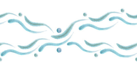 A seamless border of watercolor waves and circles. This isolated illustration is perfect for nautical themes, children's product designs, website design, cards, and print. © Svetlana