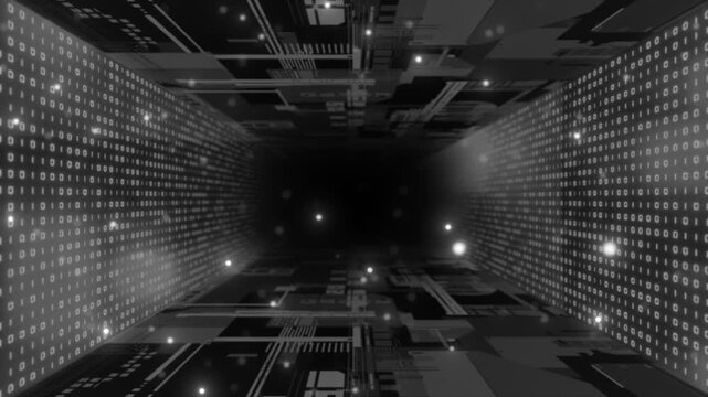 white color computer motherboard  binary code with flowing particles sci fi tunnel futuristic design black seamless technology background