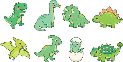 Cute Green Dinosaur Cartoon Collection Featuring Tyrannosaurus Brontosaurus Triceratops Stegosaurus Pterodactyl Parasaurolophus Ankylosaurus and Baby Dinosaur Vector Set © Yevhenii creative