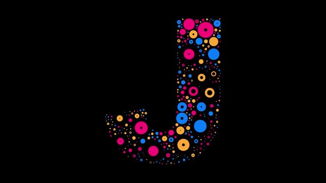 Letter J colorful dots blue yellow and red bubbling on black background letter animation