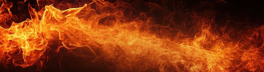Fototapeta premium Fiery Flames Texture Panorama Against Dark Background Dynamic Effect